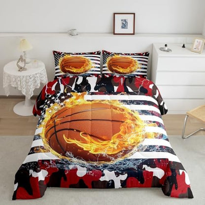 Erosebridal Basketball Comforter Set for Boys, American Flag Bedding Set Red Black Camouflage Duvet Sets Twin Size for Kids Teens Adult, Sports Games Gold Fire Down Comforter with 1 Pillow Case