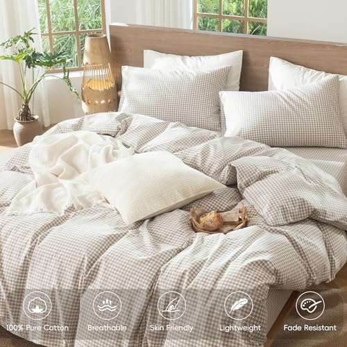 MooMee Gingham Duvet Cover Set 100% Washed Cotton Linen Like