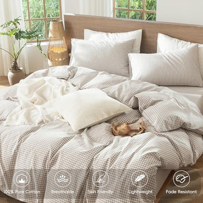 MooMee Gingham Duvet Cover Set 100% Washed Cotton Linen Like