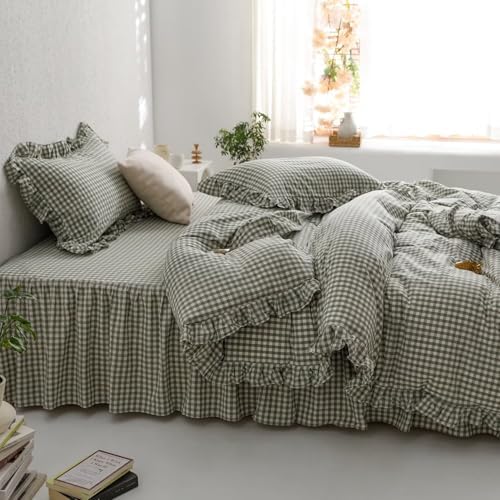 mixinni Green Gingham Ruffle Duvet Cover Twin XL Size 3 Pieces – 100% Washed Cotton, Vintage Plaid Ruffled Bedding Set with Zipper Ties, Soft Checkered Grid Farmhouse Chic Comforter Cover Set