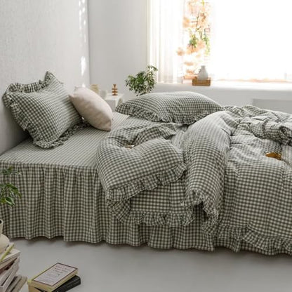 mixinni Green Gingham Ruffle Duvet Cover Full Size 3 Pieces – 100% Washed Cotton, Vintage Plaid Ruffled Bedding Set with Zipper Ties, Soft Checkered Grid Farmhouse Chic Comforter Cover Set