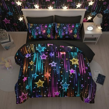 QOOMO Glitter Star 7 Pieces Comforter Set Twin Size,Neon Star Bedding Set