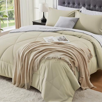 BEDELITE King Comforter Set 7 Pieces, Reversible Oatmeal Bed in A Bag