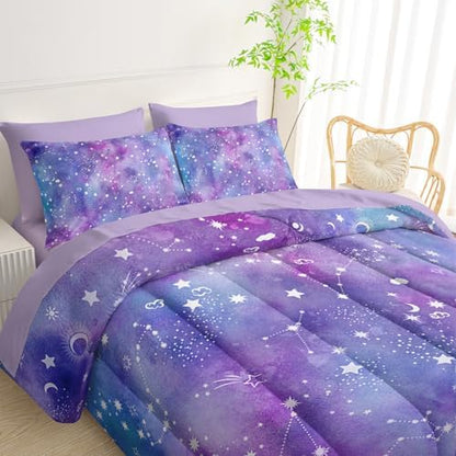 QOOMO Purple Galaxy 7 Pieces Comforter Set Twin,Constellation Bedding Set