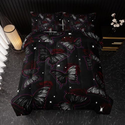 Butterfly Flowers Comforter Sets King Size, Black Butterfly Flowers 3D Animal Pattern Kids Bedding Sets for Girls Teens 3 Piece Bedroom Decor Comforter with 2 Pillowcases
