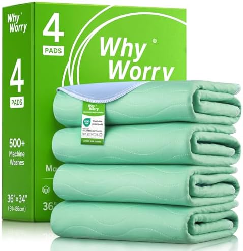 WhyWorry Washable Bed Pads for Adult Incontinence, 34"x36", Green, 4 Count