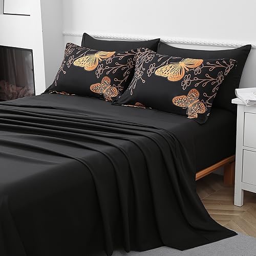 Yogeneg 5 Piece Bed in a Bag Twin Size Comforter Set Black Bedding Set,Gold Butterfly Leaves Printed on Black Reversible Design,Soft Microfiber Comforter with Sheet Set,All Season(Butterfly,Twin)