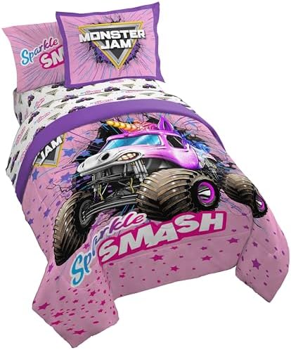 Monster Jam Twin Comforter Set 5 Piece Kids Bedding for Girls, Pink