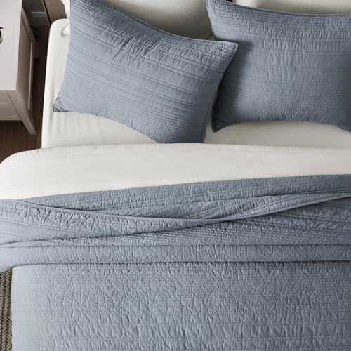 EVERGRACEHOME 100% Cotton Modern Lines Quilt Set King Size, Smoky Blue