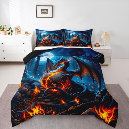 Feelyou Blue Black Dragon Bedding Set Soft for Boys Girls, Wild Animal Comforter Set King Size Mysterious Dragon Egg Duvet Quilt Microfiber Gothic Magic Bedroom Decor 3 Pcs with 2 Pillow Cases