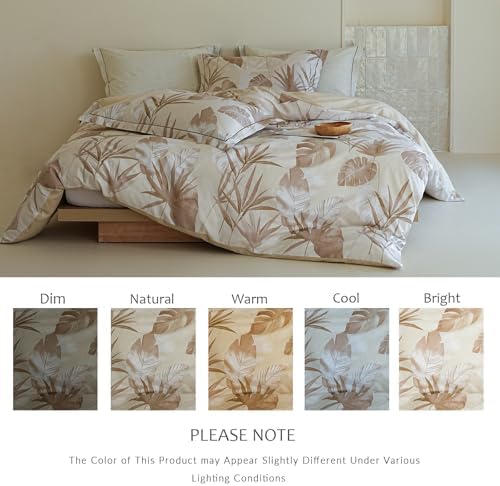 King Size Comforter - 100% Cotton Beige Botanical Floral Reverssible Print Comforter Set, Hypoallergenic and Breathable Bedding Set for All Season, 3 Pieces, 104"x90"