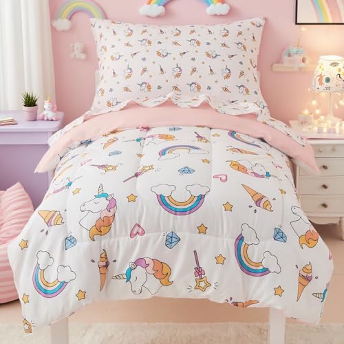 Mooreeke 4 Pieces Toddler Bedding Set - Soft Unicorn Rainbow Toddler Comforter Sets for Girls, Includes Quilted Comforter, Flat Sheet, Fitted Sheet and Pillowcase, Bed in A Bag for Baby Bedroom
