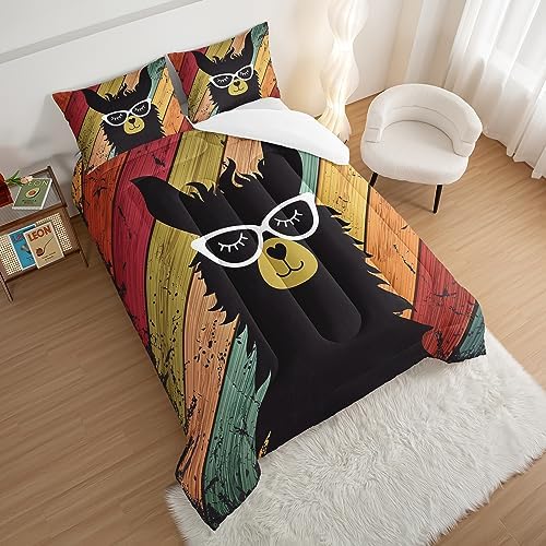 HOSIMA Llama Comforter with 2 Pillowcases Funny Room Decor,with Handsome Alpaca Pattern Vintage Colorful Wood Grain Bedding Set for Boys Girls Teens,Animal Bedding Full Size Comforter.