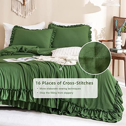 Masaca Olive Green Ruffled Comforter King Size,Farmhouse Shabby Boho Chic King Bed Comforters Vintage Rustic Bedding Ultra Soft 3PCS (1 Ruffle Comforter and 2 Pillowcases)
