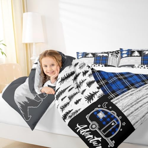 Bear Paws Comforter Set King Size,Pine Trees Geometric Plaids Patchwork Bedding Set for Kids Boys Girls Adults Room Decor,Hunting Adventure Down Comforter,Blue Rustic Duvet Insert,2 Pillowcases
