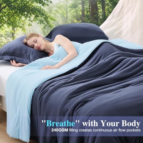 MUXHOMO Cooling Comforter Set King Size, Lightweight Summer Comforter for Hot Sleeper, Reversible Bedding with ICY Cooling Surface, Includes 1 Comforter (104"x90") and 2 Shams (20"x 36"), Navy