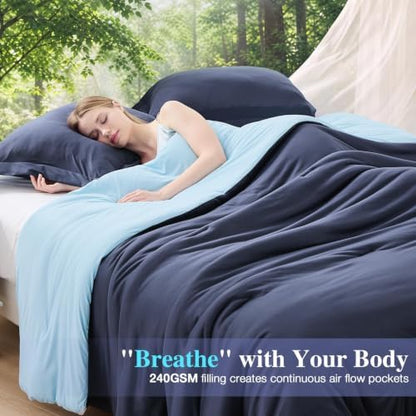MUXHOMO Cooling Comforter Set King Size, Lightweight Summer Comforter for Hot Sleeper, Reversible Bedding with ICY Cooling Surface, Includes 1 Comforter (104"x90") and 2 Shams (20"x 36"), Navy