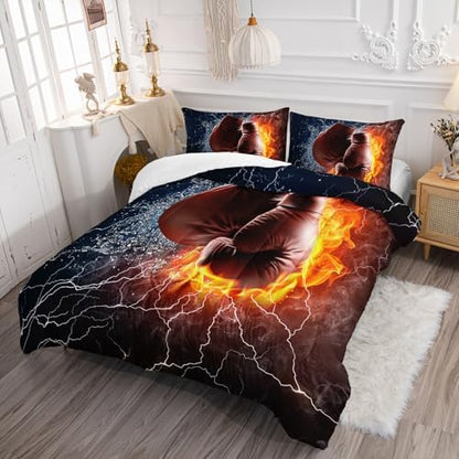 Axolotl Boxing Bedding Set King,Sports Theme Comforter Set,3Pcs Boxing Gloves Bedding,Red Blue Cool Lightning Comforter,Pugilism Games Bed for Kids Boys Teens Men,1 Quilt 2 Pillowcases