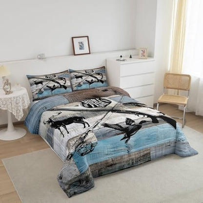 Hunt Fish Bedding Comforters Queen Size,Deer Bird Fish Animal Hunting Comforter Set Adult Women Room Decor,Rustic Retro Wooden Board Soft Duvet Set with 2 Pillowcases,3Pcs