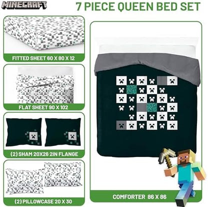 Minecraft Creeper Queen Comforter Set 7 Piece Video Game Bedding, Green