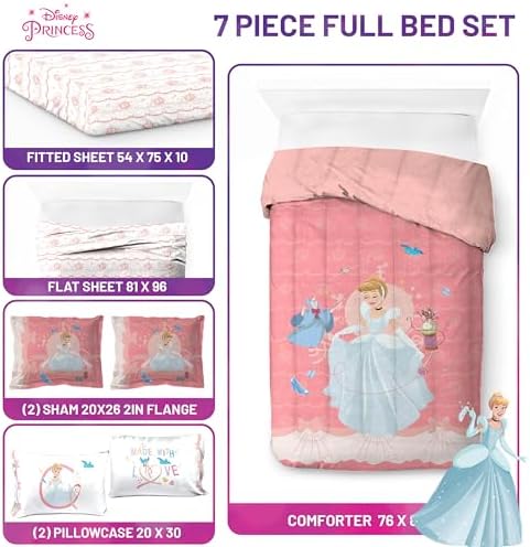Disney Princess Full Size Comforter Set 7 Piece Kids Bedding, Pink