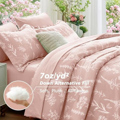 MUXHOMO Cameo Pink Full Comforter Set, Elegant Floral Print Bed in a Bag 7 Pieces, Ultra Soft & Breathable Reversible Botanical Pattern Bedding Set with Comforter, Sheets, Pillowcases, and Shams