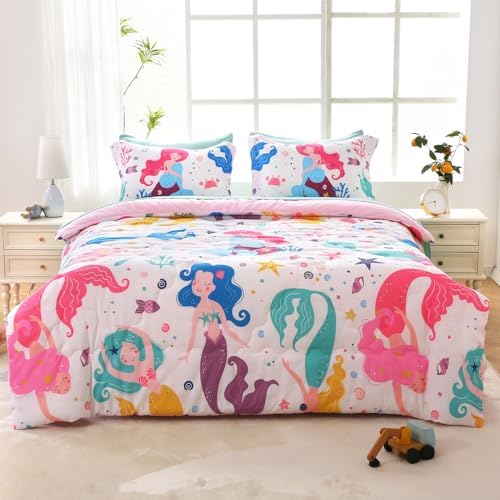 Wajade Kids Mermaids Comforter Set Bed in A Bag Full Size 7 Piece Colorful 3D Cartoon Mermaids Bedding Set for Girls (1 Comforter, 1 Flat Sheet, 1 Fitted Sheet, 2 Pillowcase and 2 Pillow Sham)