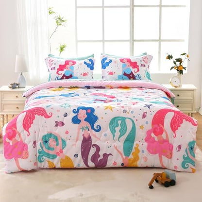 Wajade Kids Mermaids Comforter Set Bed in A Bag Full Size 7 Piece Colorful 3D Cartoon Mermaids Bedding Set for Girls (1 Comforter, 1 Flat Sheet, 1 Fitted Sheet, 2 Pillowcase and 2 Pillow Sham)