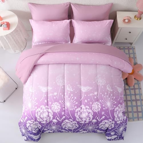 Dinjoy Girls Comforter Set 7 Pieces, Queen Size Colorful Ombre Rainbow Bedding Set, Bed in A Bag for Kid Teen Girls (1 Comforter, 1 Flat Sheet, 1 Fitted Sheet, 2 Pillow Shams, 2 Pillowcases)