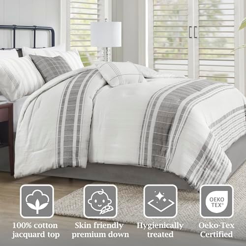 Harbor House Queen Comforter Set, Stripes Clipped Jacquard, Soft Cotton Oversized Comforter for a Queen-Size Bed, Farmhouse Bedding, 2 Shams, Bedskirt, 2 Décor Pillows, Morgan, Queen White/Grey
