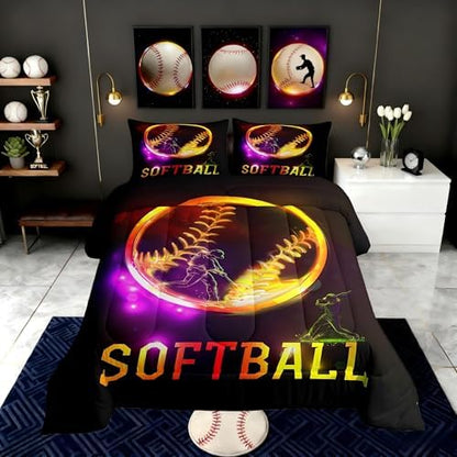 Castle Fairy Softball Comforter Set Yellow Gradient Bedding Set for Kids Girls Women Adults Sports Theme Comforter Softball Player Print Quilted Duvet Set Bedroom Collection Twin Size 2Pcs
