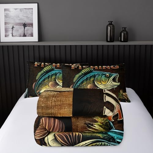 Nttopship Big Pike Fish Bedding, Bass Fishing Comforter Set Hunting and Fishing Brown Green Bedding Set Themed Comforter Set for Kids Boys Room Decor, King Bed in a Bag for Teens with 2 Pillowcases