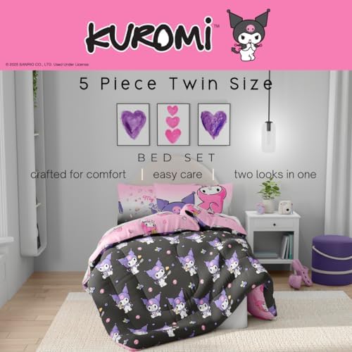 Sanrio Kuromi & My Melody Bedding 5 Piece Super Soft Cozy Reversible Comforter and Sheet Set with Sham, Twin, (Officially Licensed Product) By Franco