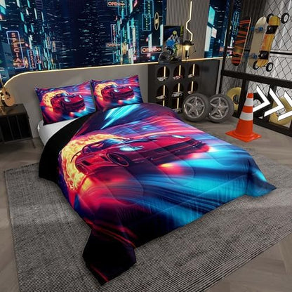 Erosebridal Boys Race Car Bedding Set Toddler,Cool Racing Car Comforter for Kids Boys Teens Toddler Red Blue Race Car Room Decor,Ombre Geometric Striped Duvet Comforter,Soft Lightweight & All Season