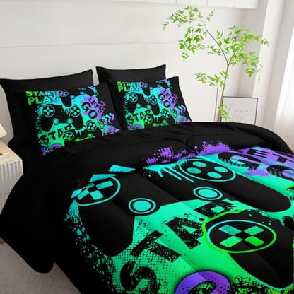 7Pcs Gamer Comforter Set Green Gamepad Printed Bedding Set with 1 Comforter, 1 Flat Sheet, 1 Fitted Sheet and 4 Pillowcases for Boys and Girls Bedroom (Gamepad-2 Full