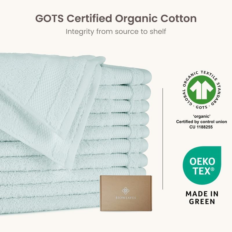 BIOWEAVES 100% Organic Cotton 700 GSM Plush Washcloths 13" x 13" GOTS Certified - Seafoam, Pack of 12