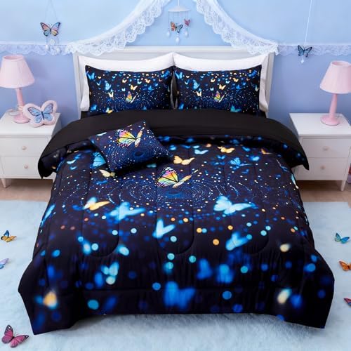 A Nice Night Butterfly 3D Kids Bedding Comforter Set，BlackBlue，Queen