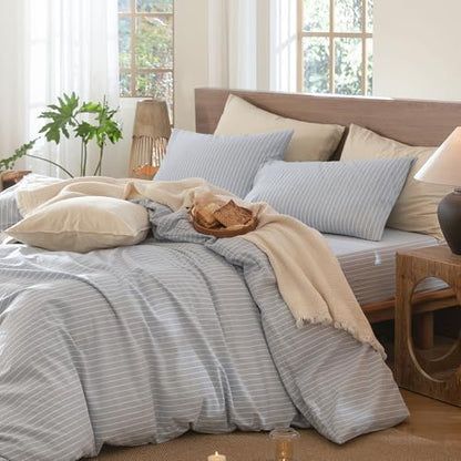 MooMee Striped Duvet Cover Set 100% Washed Cotton Linen Like Super King