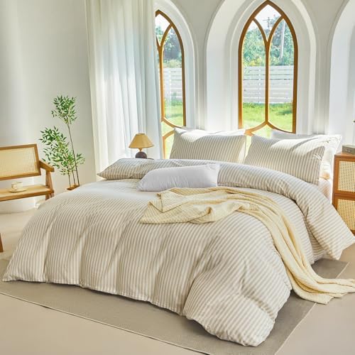 Striped Duvet Cover Set Full Size 100% Washed Cotton Linen Feel 3 Piece Bedding Set Comfy Breathable (Full, Classic Stripe-Beige/White)