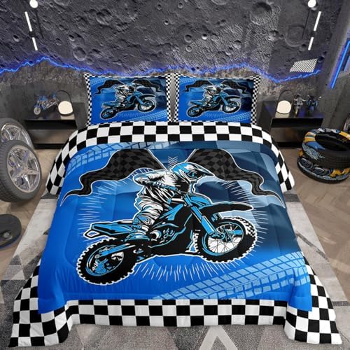 Feelyou Dirt Bike Comforter Set for Kids Boys Girls,King Size,Motorcycle Racer Bedding Set,Cool Motocross Duvet Quilt,Fashion Motorcycle Comforter,Extreme Sports Bedroom Decor