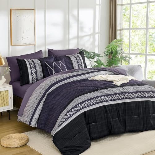 Dintszyayue Purple Cal King Comforter Size Set, 8 Pieces Boho Striped Texture Bed in a Bag Sets, Lightweight Soft Bohemian Comforter and Sheet Set, All Season Microfiber Bedding Sets for Men Women