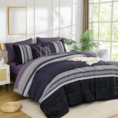 Dintszyayue Purple Cal King Comforter Size Set, 8 Pieces Boho Striped Texture Bed in a Bag Sets, Lightweight Soft Bohemian Comforter and Sheet Set, All Season Microfiber Bedding Sets for Men Women