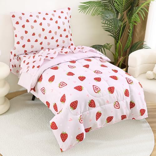 lasoftan Toddler Bedding Set, 4 Piece Bed-in-a-Bag Toddler Bed Comforter Sets for Girls, Toddler Bed Set, Prink Strawberry Printed, Machine Washable
