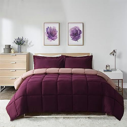 HIG 3pc Plum Queen Comforter Set - All Season Reversible Down Alternative Comforter with Two Shams - Quilted Duvet Insert with Corner Tabs - Box Stitched - Breathable, Soft, Fluffy