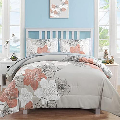 Floral Comforter Set King, 7 Pieces Blush Pink Flower on Grey Bedding Set
