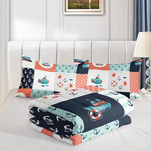 HOSIMA Nautical Bedding Set,Plaid Patchwork Pattern Hand Painted Seaplane,Boat and Anchor Comforter for Boys Kids Girls Bedroom Decor,Sea Adventure Theme Comforter Queen Size with 2 Pillowcases.