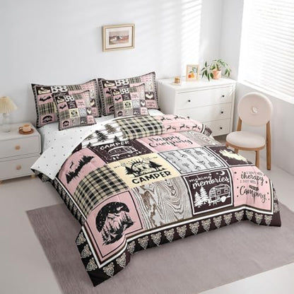 Erosebridal 7 Piece Happy Camping Comforter Set Twin for Kids Girls,Rv Camper Bedding Set Pink Buffalo Plaid Decor,Rustic Cabin Bed Set with Sheets,Travel Trailer Bed in a Bag with Pillowcases