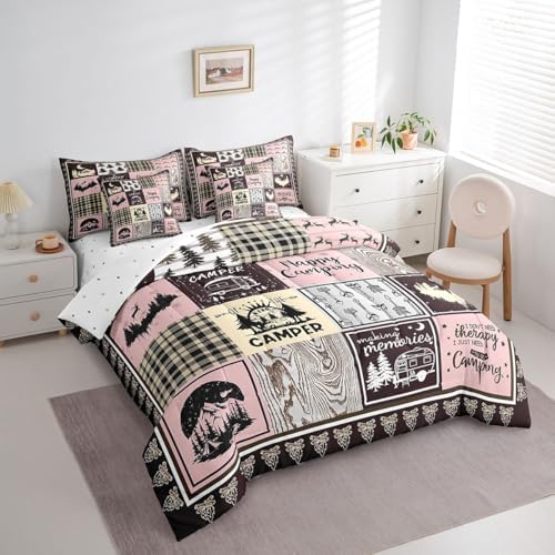 Erosebridal 7 Piece Happy Camping Comforter Set King for Kids Girls,Rv Camper Bedding Set Pink Buffalo Plaid Decor,Rustic Cabin Bed Set with Sheets,Travel Trailer Bed in a Bag with Pillowcases