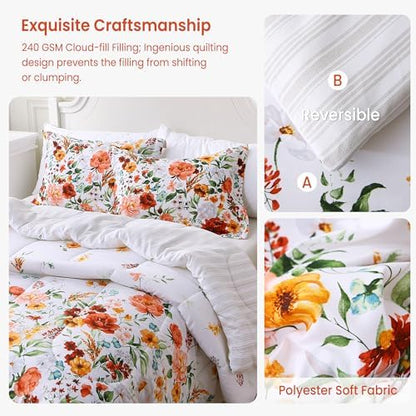 Mooreeke Floral Queen Size Comforter Sets, Vintage Red Blossoms Patterned Bed in a Bag for All Seasons, 3-Piece Farmhouse Rustic Bedding Set with Fluffy Quilted Reversible Comforter & 2 Pillow Shams