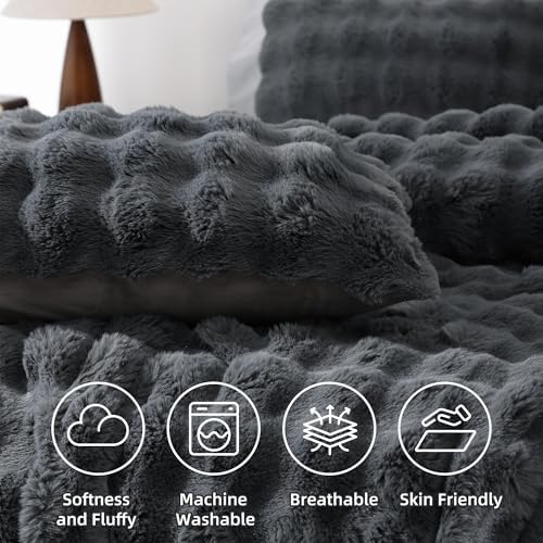 YIKUSH Queen Faux Fur Comforter Set, Fluffy Dark Gray Rabbit Fur Comforter